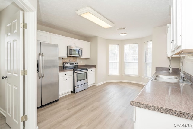 kitchen with white cabinets, a textured ceiling, light hardwood / wood-style flooring, sink, and stainless steel appliances