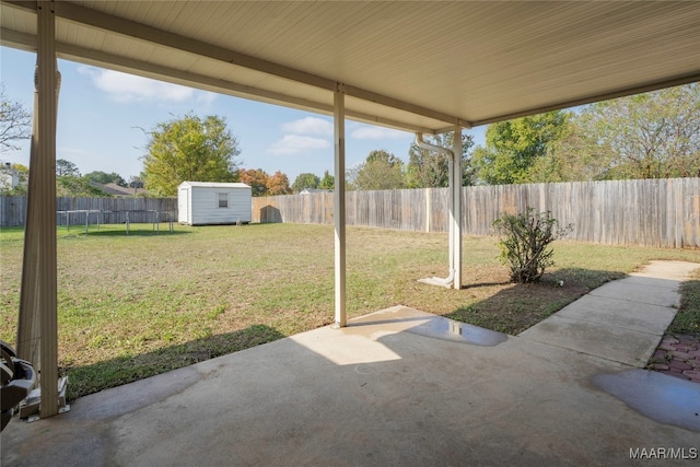 view of patio / terrace featuring a storage shed