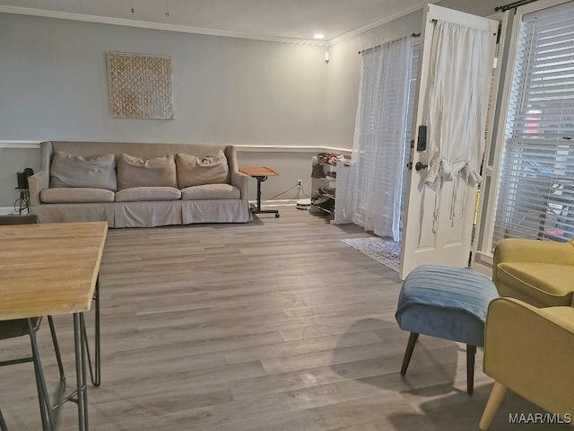 living room featuring crown molding and light hardwood / wood-style flooring