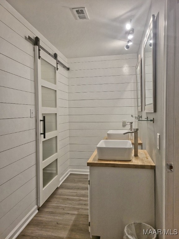 bathroom with vanity, wooden walls, and wood-type flooring