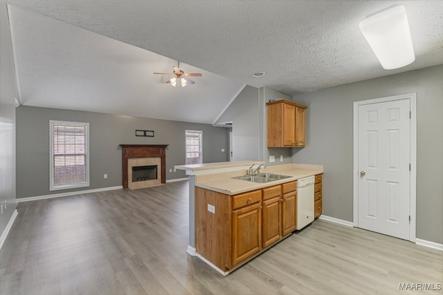 kitchen with sink, vaulted ceiling, light hardwood / wood-style flooring, and dishwasher