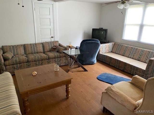 living room with a ceiling fan and wood finished floors