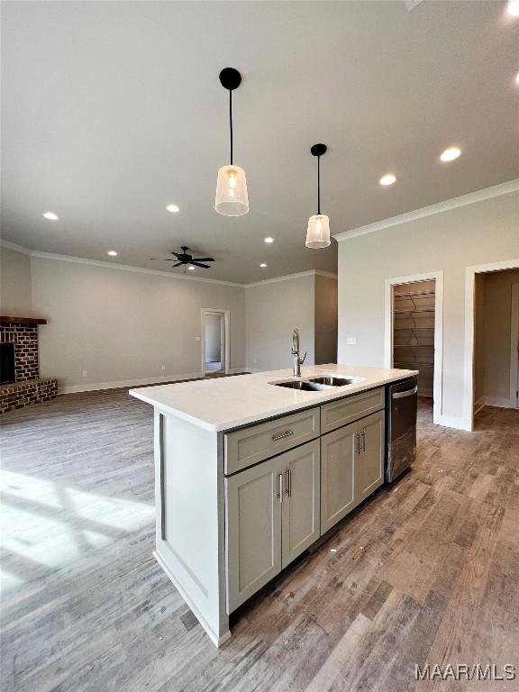 kitchen featuring light hardwood / wood-style flooring, hanging light fixtures, an island with sink, gray cabinetry, and sink