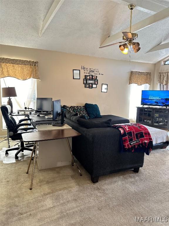 carpeted living area featuring plenty of natural light, a textured ceiling, vaulted ceiling, and a ceiling fan