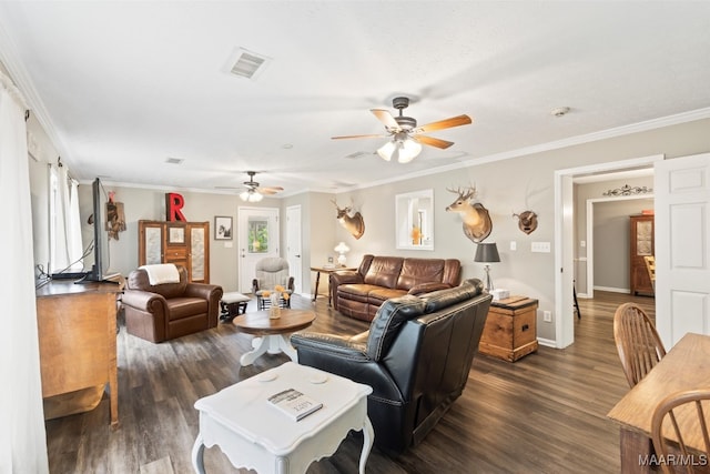 living room featuring ornamental molding, ceiling fan, and dark hardwood / wood-style flooring