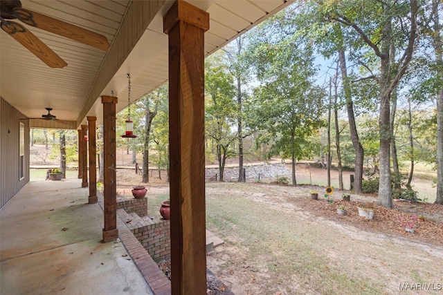 view of yard featuring a patio and ceiling fan