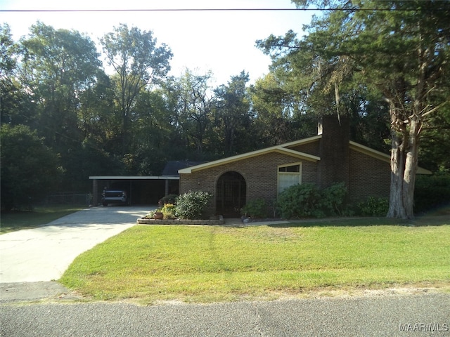 single story home featuring a carport and a front lawn