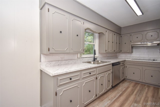 kitchen featuring gray cabinetry, sink, dishwasher, black electric cooktop, and light hardwood / wood-style flooring