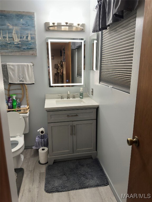 bathroom featuring hardwood / wood-style floors, vanity, and toilet