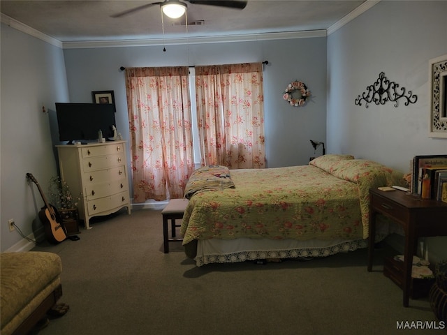 carpeted bedroom with ceiling fan and crown molding