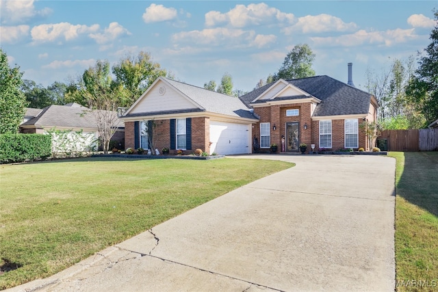 single story home featuring a garage and a front lawn