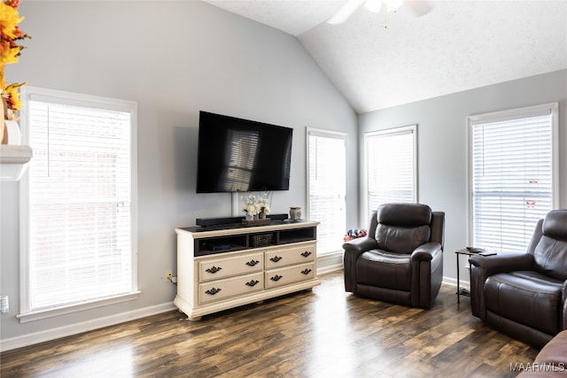 living room with dark wood-type flooring, vaulted ceiling, ceiling fan, and a textured ceiling