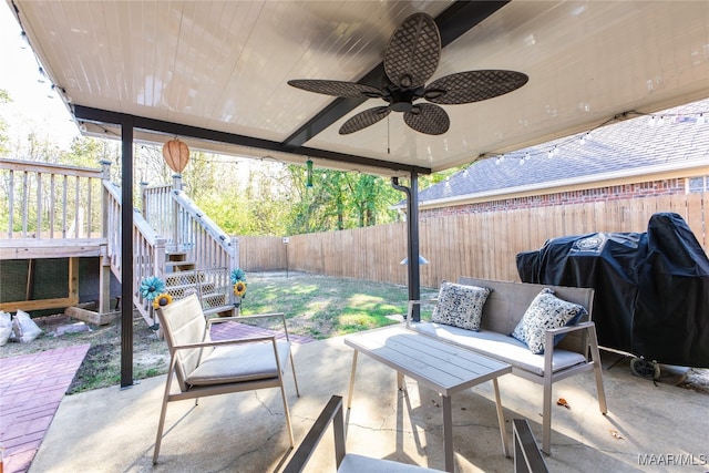 view of patio / terrace featuring ceiling fan and an outdoor hangout area