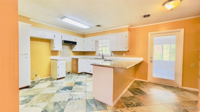 kitchen featuring sink, light stone counters, kitchen peninsula, ornamental molding, and white cabinets