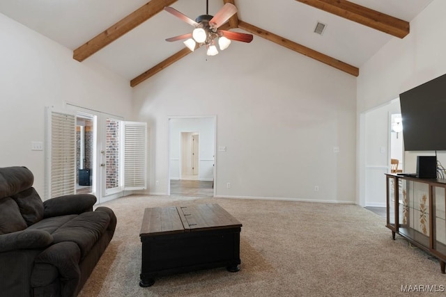 carpeted living room featuring ceiling fan, beamed ceiling, and high vaulted ceiling