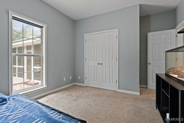 bedroom with a textured ceiling, multiple windows, carpet floors, and a closet