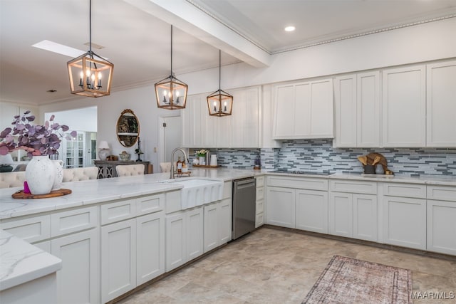 kitchen with white cabinetry, stainless steel dishwasher, and hanging light fixtures