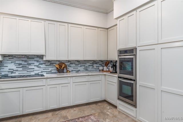 kitchen with tasteful backsplash, stainless steel double oven, crown molding, light stone countertops, and white cabinets