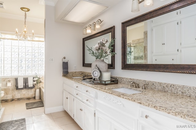 bathroom featuring toilet, tile patterned flooring, vanity, crown molding, and a shower