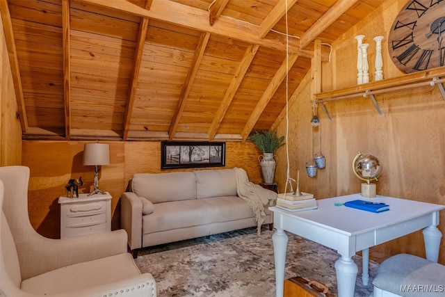 sitting room featuring wood walls, vaulted ceiling with beams, and wood ceiling