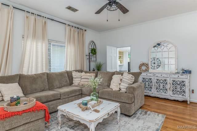 living room featuring hardwood / wood-style floors, ceiling fan, and crown molding