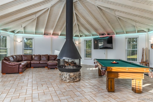 recreation room with a wood stove, billiards, lofted ceiling with beams, and wooden ceiling