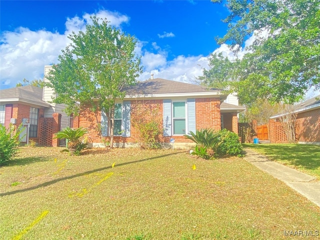 single story home featuring central AC unit and a front lawn