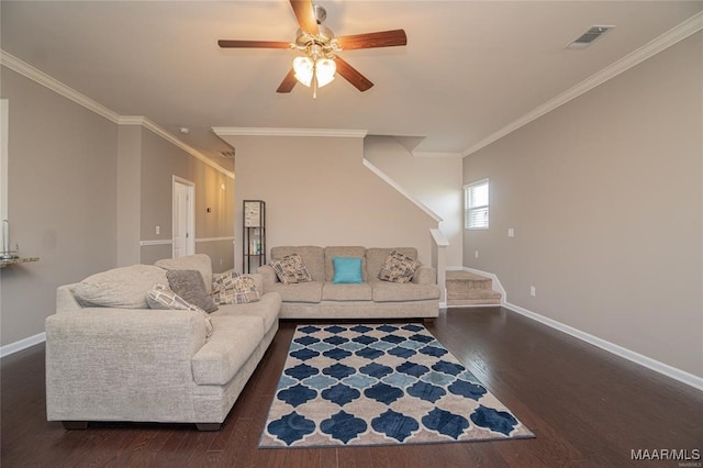 living room with ceiling fan, dark hardwood / wood-style flooring, and ornamental molding