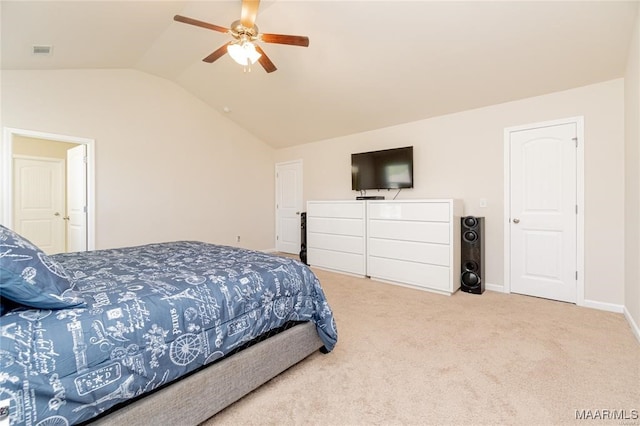 carpeted bedroom with lofted ceiling and ceiling fan