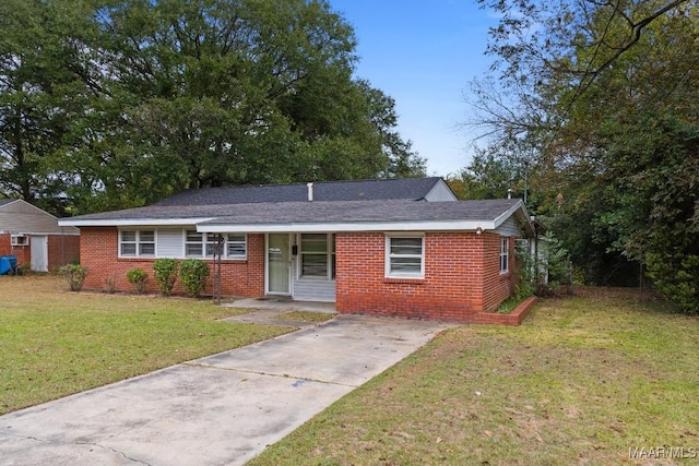 ranch-style house with a front yard and a porch