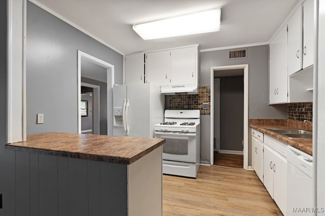 kitchen featuring sink, tasteful backsplash, light hardwood / wood-style flooring, white appliances, and white cabinets