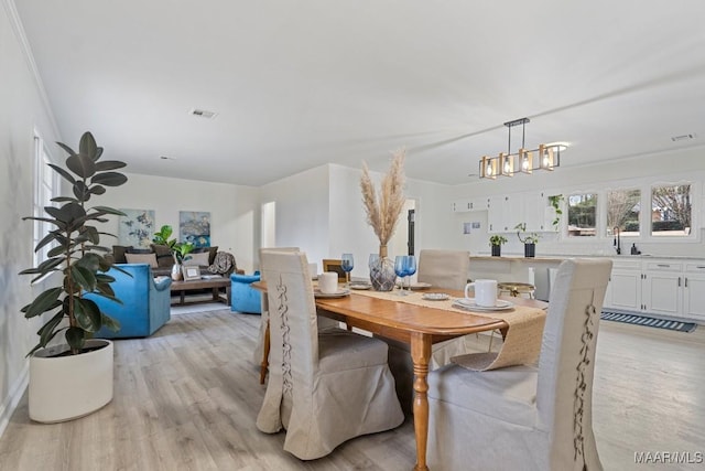 dining space with an inviting chandelier, crown molding, sink, and light wood-type flooring