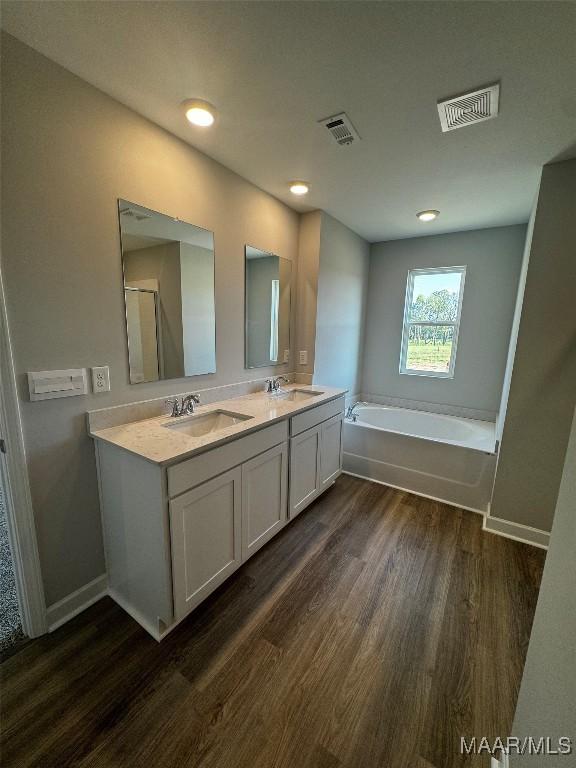 bathroom featuring wood-type flooring, vanity, and a washtub