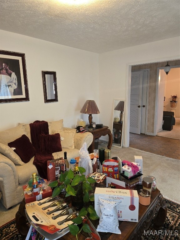 carpeted living room with a textured ceiling