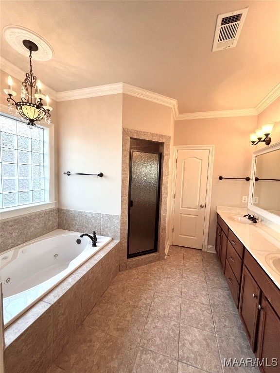 bathroom with a chandelier, vanity, shower with separate bathtub, and ornamental molding