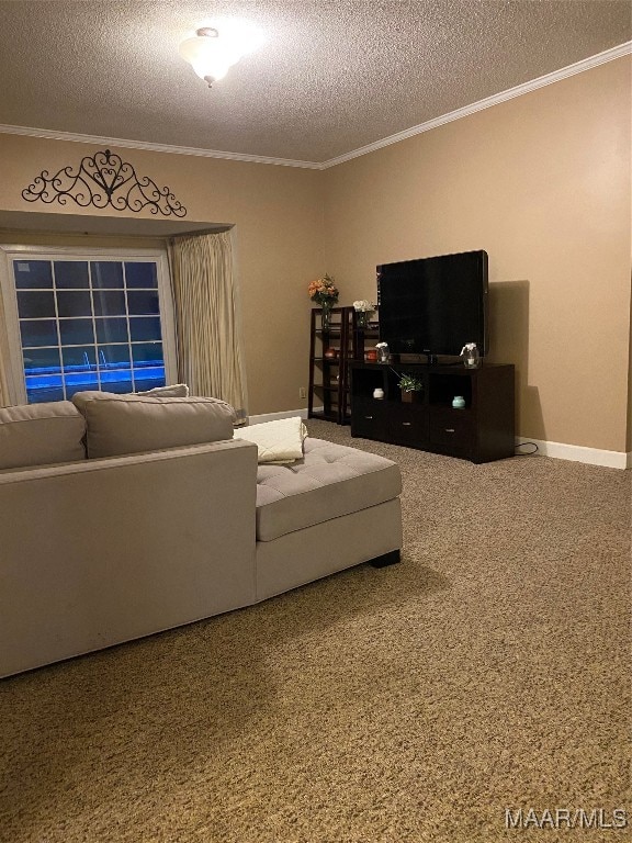 living room featuring crown molding, carpet floors, and a textured ceiling