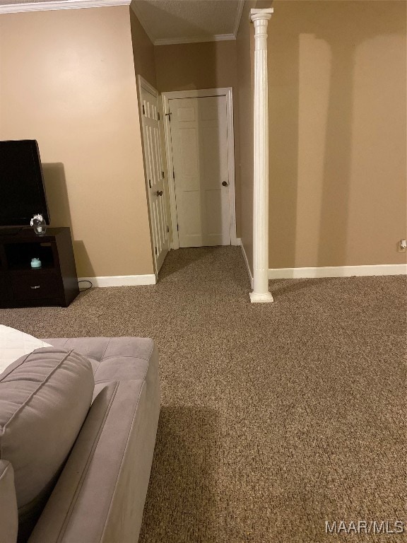 unfurnished bedroom with carpet floors and ornamental molding