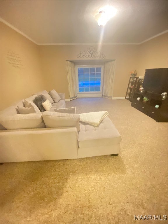 carpeted living room with ornamental molding