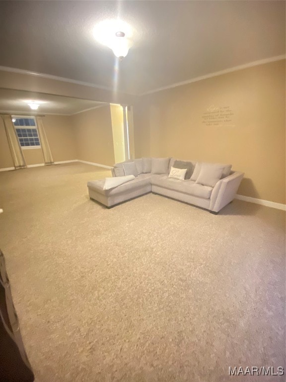 unfurnished living room with carpet flooring and ornamental molding