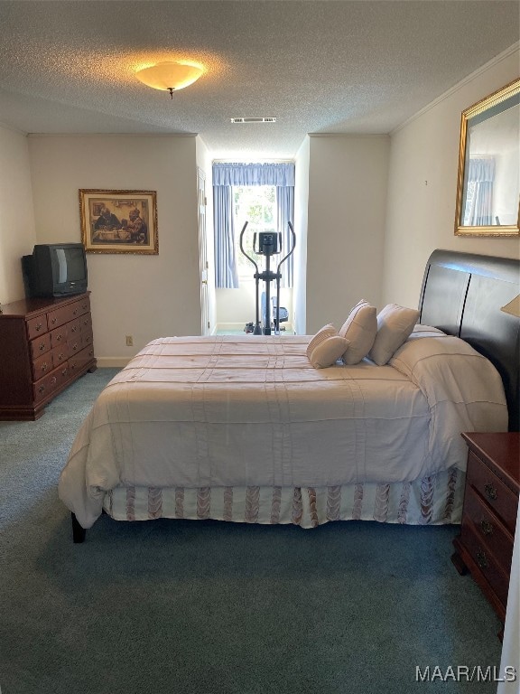 carpeted bedroom with a textured ceiling