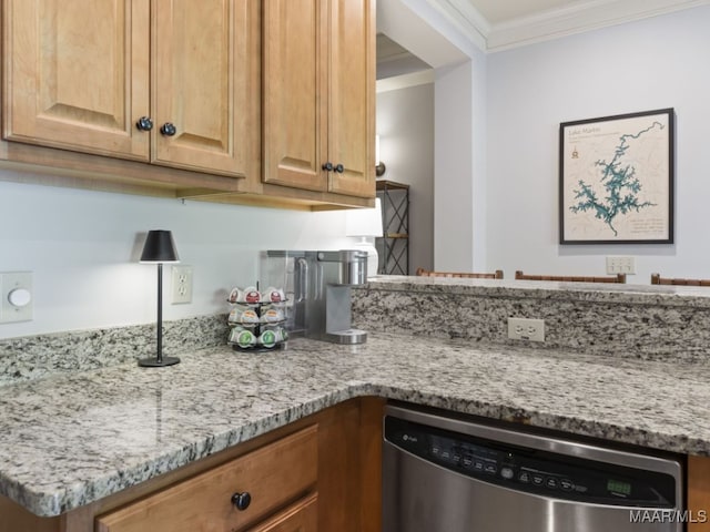 kitchen with light stone counters, dishwasher, and ornamental molding