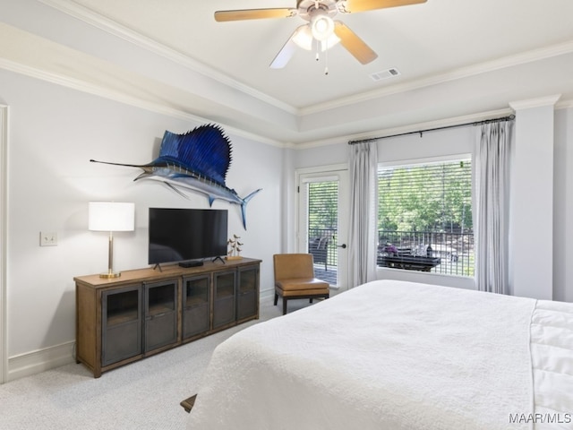 bedroom with ornamental molding, carpet floors, and ceiling fan