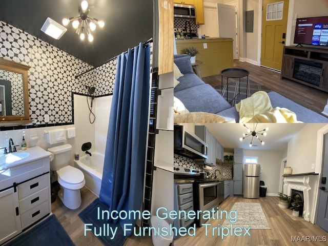 interior space with wood-type flooring, toilet, a chandelier, backsplash, and shower / tub combo