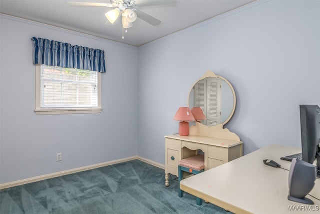 carpeted office featuring ceiling fan and crown molding