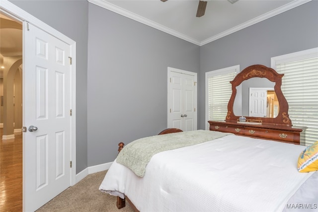 carpeted bedroom featuring ceiling fan, ornamental molding, and multiple windows