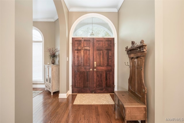 foyer with dark hardwood / wood-style flooring and crown molding