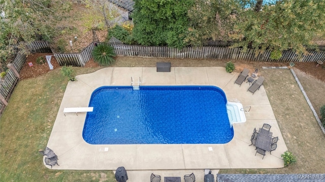 view of pool featuring a patio area and a diving board