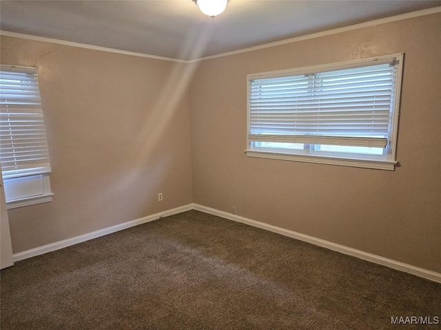 spare room featuring dark carpet and ornamental molding