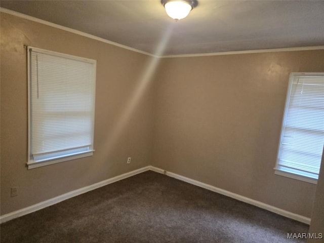 carpeted empty room featuring crown molding