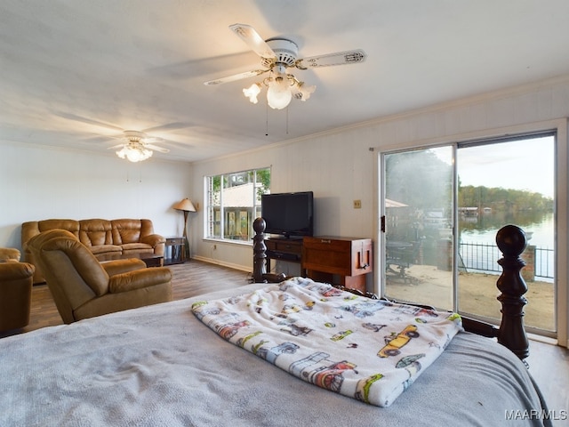 bedroom with access to outside, crown molding, ceiling fan, and hardwood / wood-style flooring